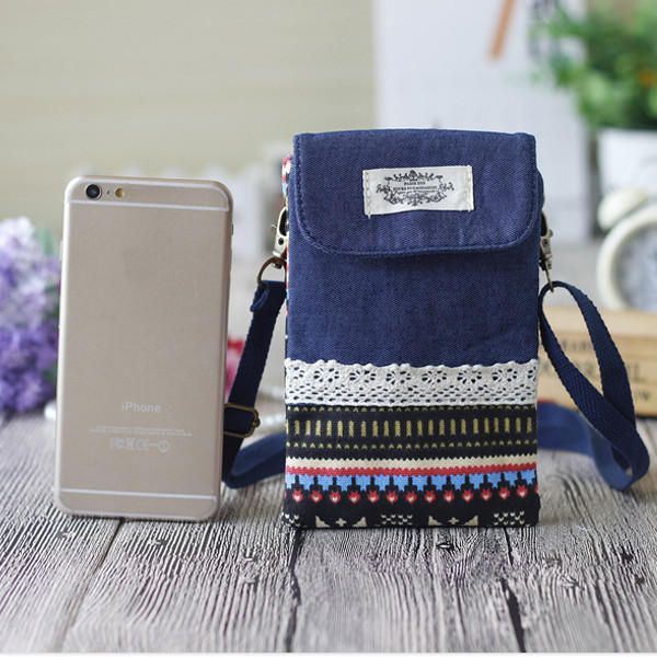 Dames Denim Drie Tussenlagen Bloem Afdrukken Mini Schoudertassen Kant Crossbody Tassen 6.0 Inch Telefoon Tas