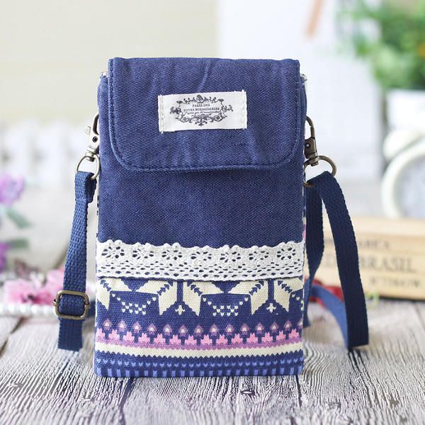 Dames Denim Drie Tussenlagen Bloem Afdrukken Mini Schoudertassen Kant Crossbody Tassen 6.0 Inch Telefoon Tas