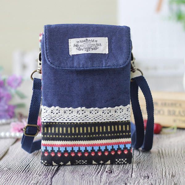 Dames Denim Drie Tussenlagen Bloem Afdrukken Mini Schoudertassen Kant Crossbody Tassen 6.0 Inch Telefoon Tas