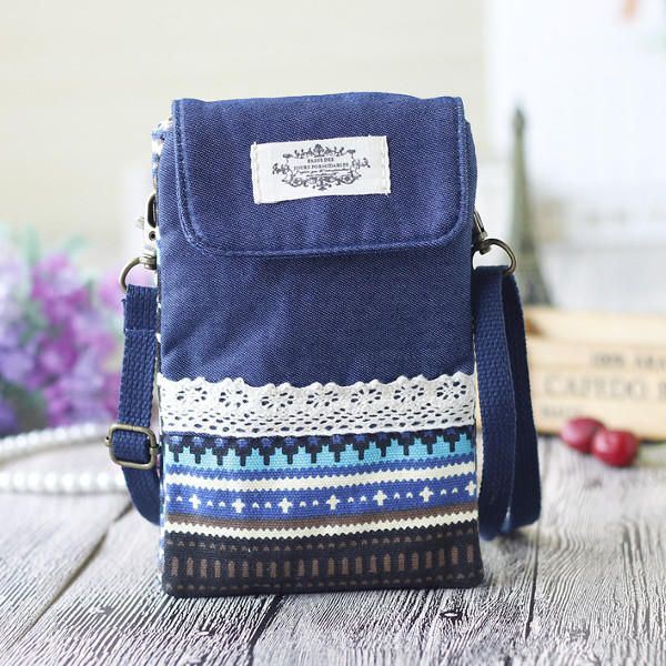 Dames Denim Drie Tussenlagen Bloem Afdrukken Mini Schoudertassen Kant Crossbody Tassen 6.0 Inch Telefoon Tas