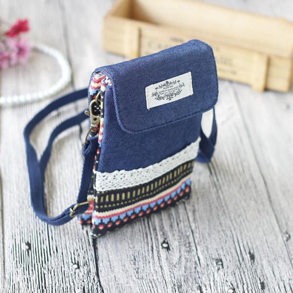 Dames Denim Drie Tussenlagen Bloem Afdrukken Mini Schoudertassen Kant Crossbody Tassen 6.0 Inch Telefoon Tas