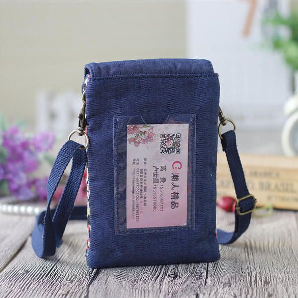 Dames Denim Drie Tussenlagen Bloem Afdrukken Mini Schoudertassen Kant Crossbody Tassen 6.0 Inch Telefoon Tas