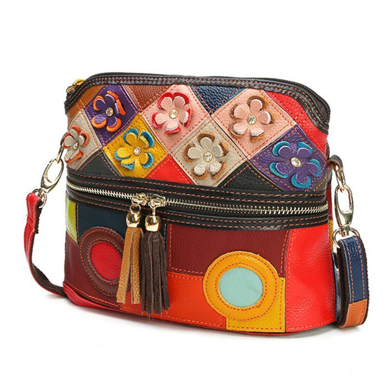 Dames Echt Leer Bloemen Crossbody Tas Vintage Tas