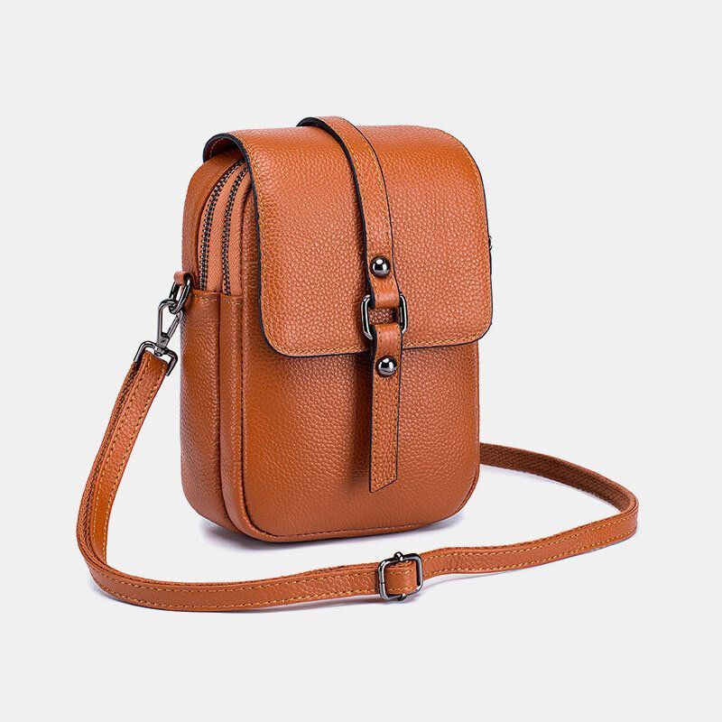 Dames Echt Leer Casual Retro Multi-lagen Oortelefoon Gat 6.5 Inch Telefoon Tas Crossbody Tas: