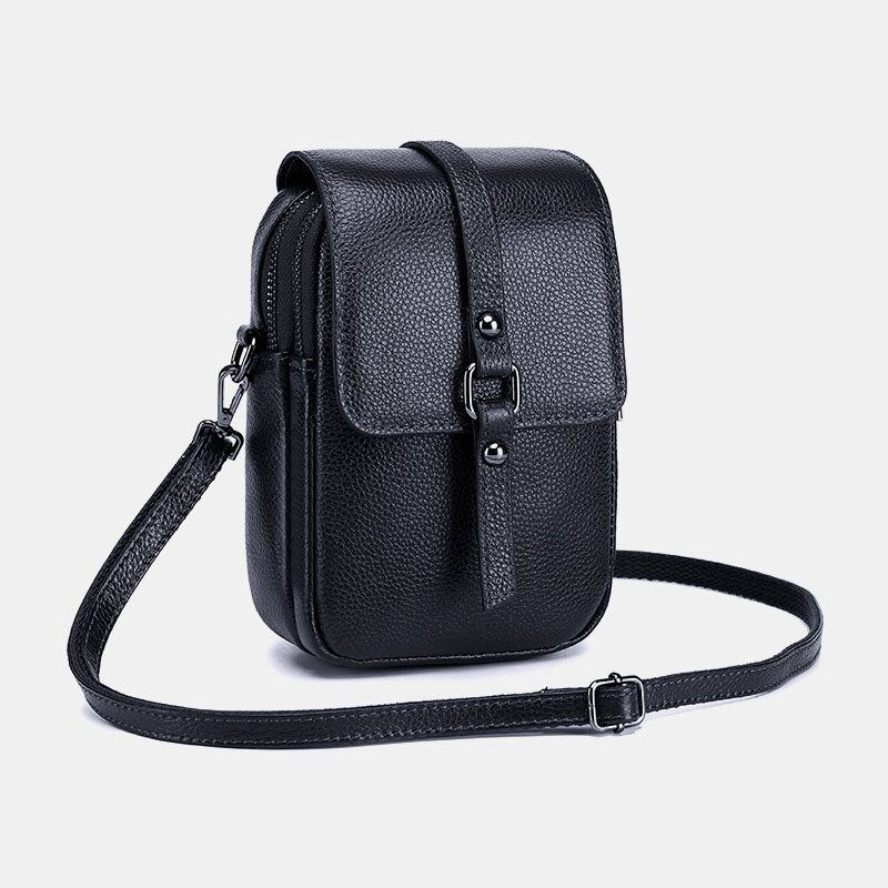 Dames Echt Leer Casual Retro Multi-lagen Oortelefoon Gat 6.5 Inch Telefoon Tas Crossbody Tas: