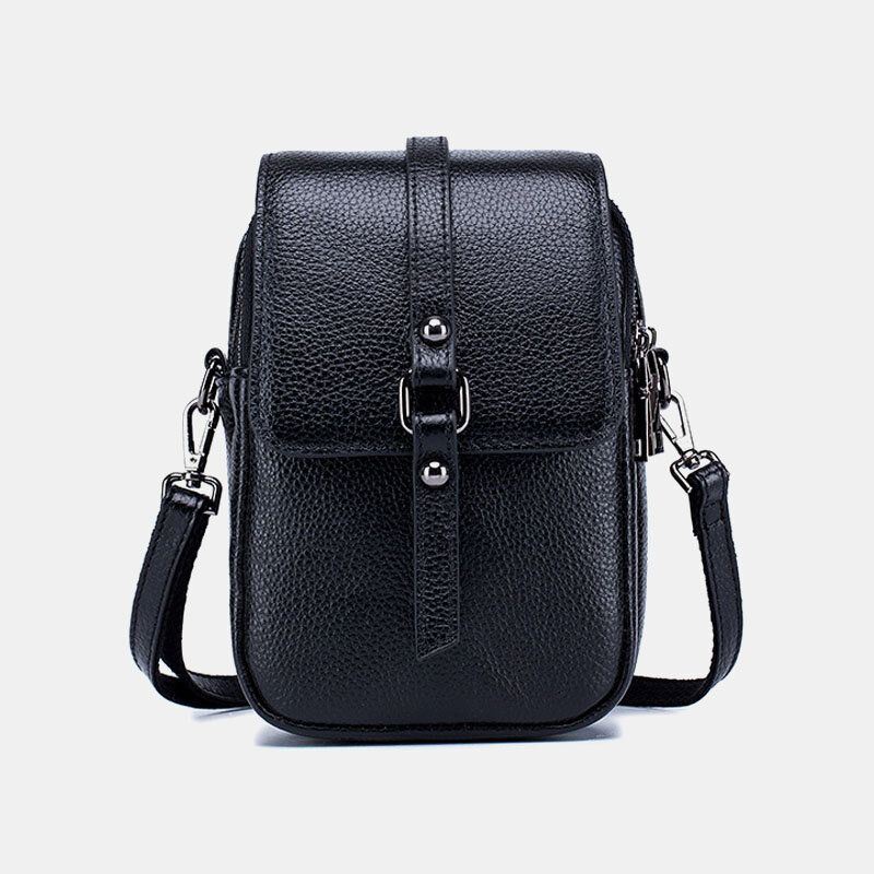 Dames Echt Leer Casual Retro Multi-lagen Oortelefoon Gat 6.5 Inch Telefoon Tas Crossbody Tas: