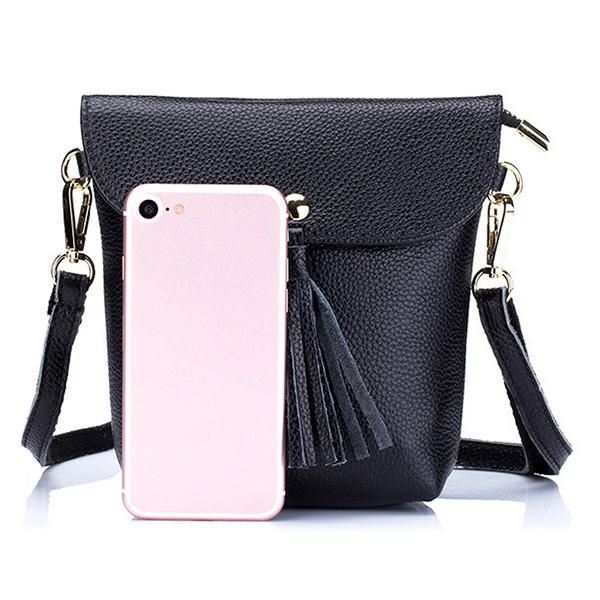 Dames Echt Leer Kwastje Mini Schoudertassen Vintage Hasp Crossbody Tassen 5.5 Inch Telefoon Tassen