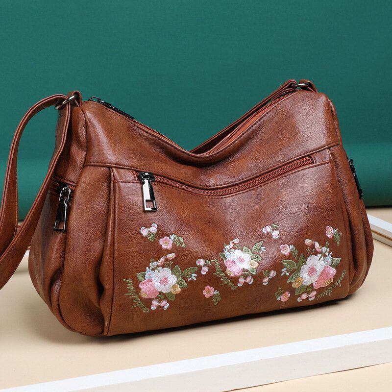 Dames Etnische Bloem Geborduurde Grote Capaciteit Crossbody Tas Vintage Textuur Hardware Waterdicht Ademend Zacht Lederen Schoudertas