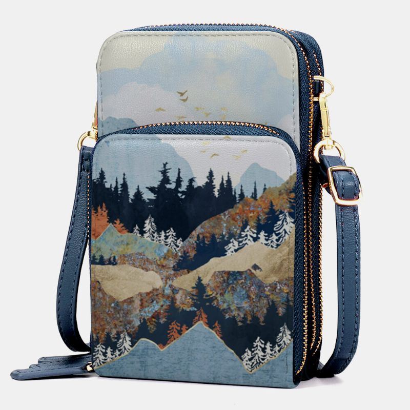 Dames Faux Leather Dames Mountain Treetop Print Tas 6.3 Inch Telefoontas Crossbody Tas