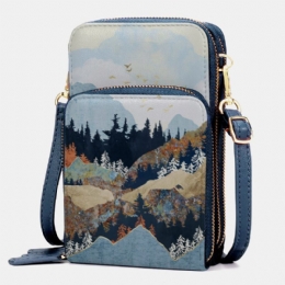 Dames Faux Leather Dames Mountain Treetop Print Tas 6.3 Inch Telefoontas Crossbody Tas