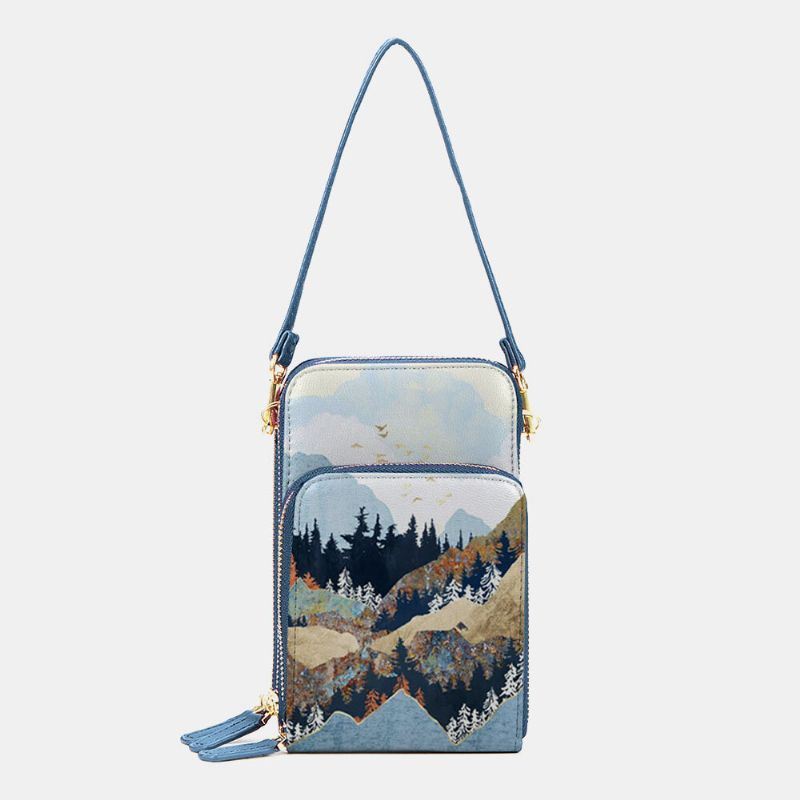 Dames Faux Leather Dames Mountain Treetop Print Tas 6.3 Inch Telefoontas Crossbody Tas