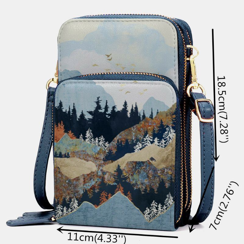 Dames Faux Leather Dames Mountain Treetop Print Tas 6.3 Inch Telefoontas Crossbody Tas