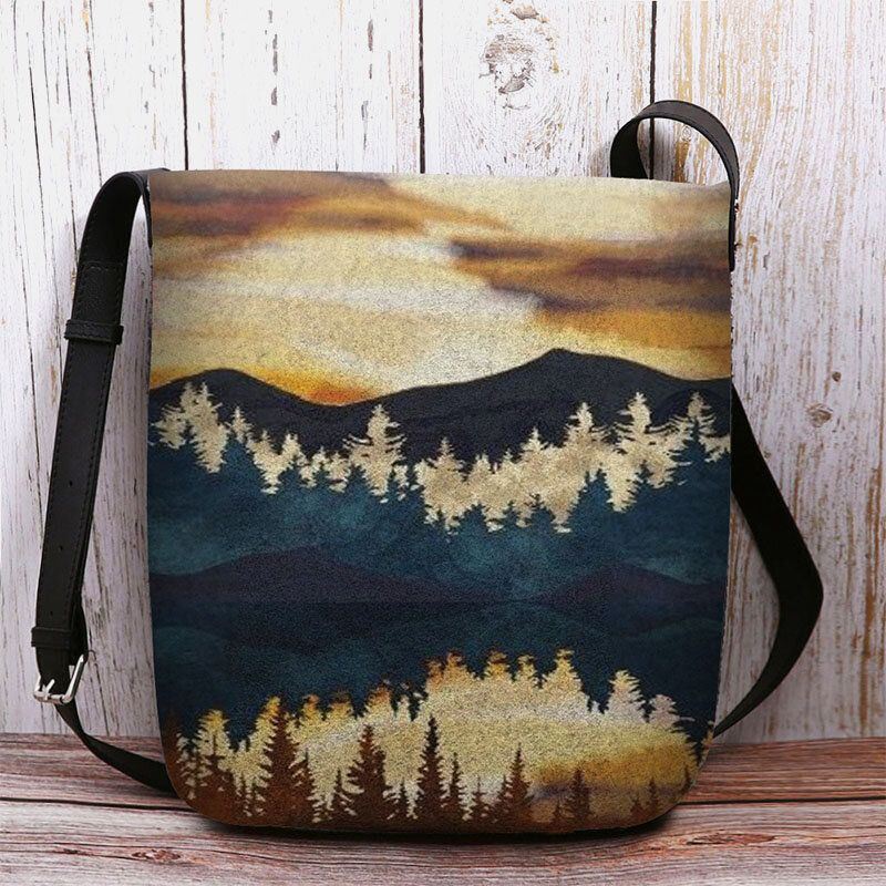 Dames Felt Mountain Treetop Print Patroon Casual Outdoor Schoudertas Crossbody Tas