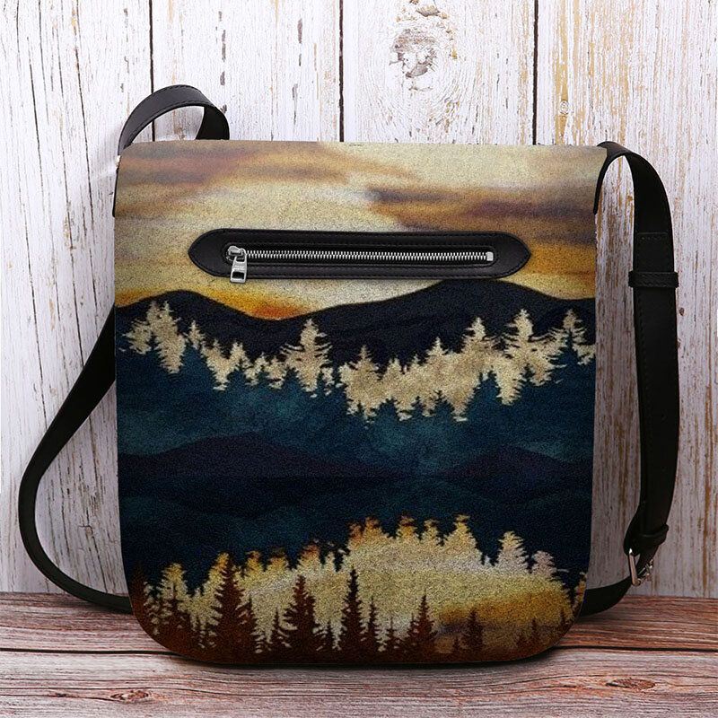 Dames Felt Mountain Treetop Print Patroon Casual Outdoor Schoudertas Crossbody Tas