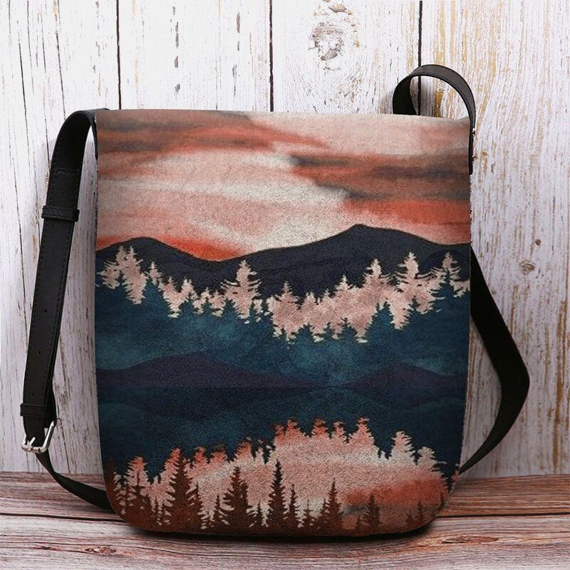 Dames Felt Mountain Treetop Print Patroon Casual Outdoor Schoudertas Crossbody Tas