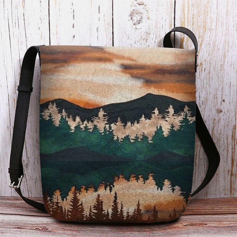 Dames Felt Mountain Treetop Print Patroon Casual Outdoor Schoudertas Crossbody Tas