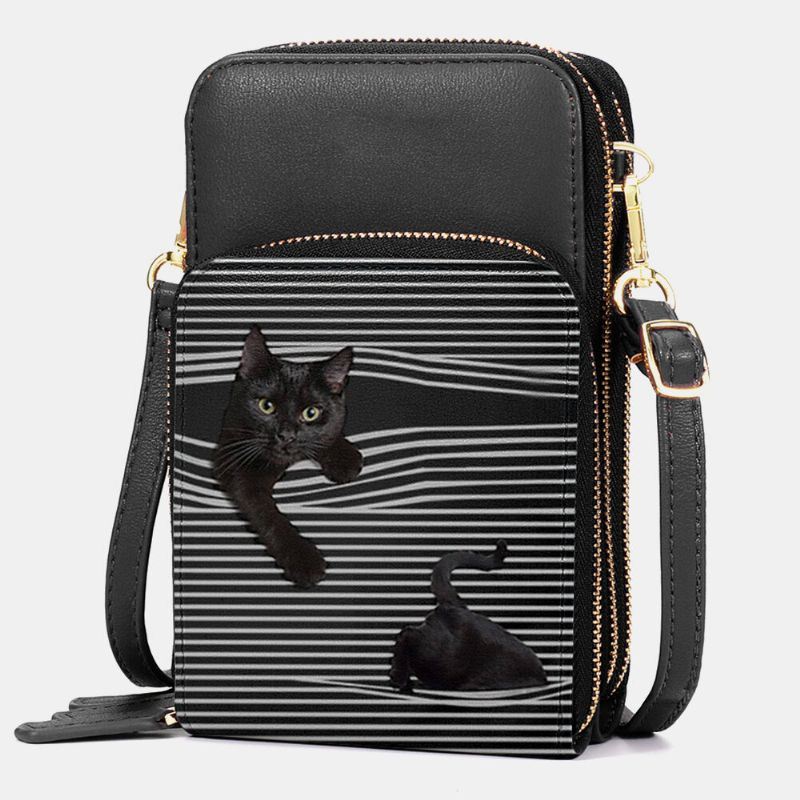 Dames Kunstleer Casual Leuke Zwarte Kat En Strepen Patroon Verstelbare Schoudertas Crossbody Tas