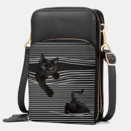 Dames Kunstleer Casual Leuke Zwarte Kat En Strepen Patroon Verstelbare Schoudertas Crossbody Tas