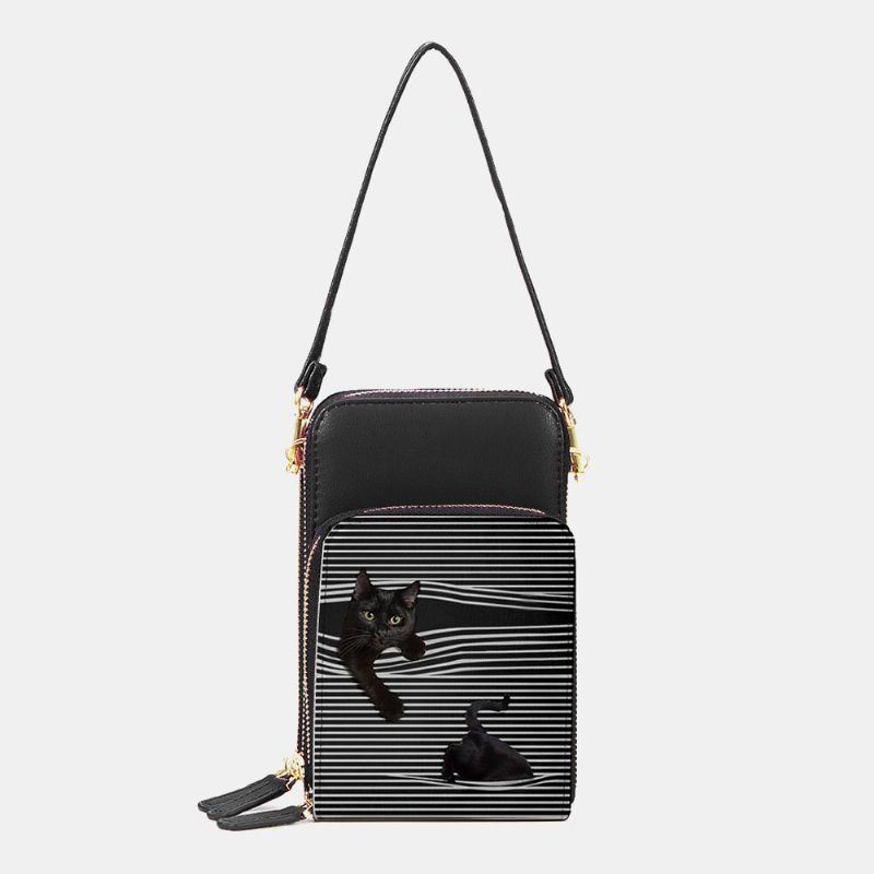 Dames Kunstleer Casual Leuke Zwarte Kat En Strepen Patroon Verstelbare Schoudertas Crossbody Tas