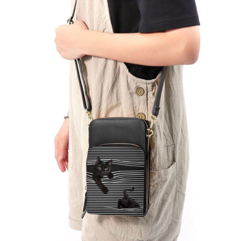 Dames Kunstleer Casual Leuke Zwarte Kat En Strepen Patroon Verstelbare Schoudertas Crossbody Tas