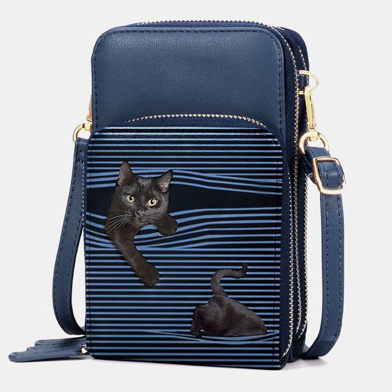 Dames Kunstleer Casual Leuke Zwarte Kat En Strepen Patroon Verstelbare Schoudertas Crossbody Tas