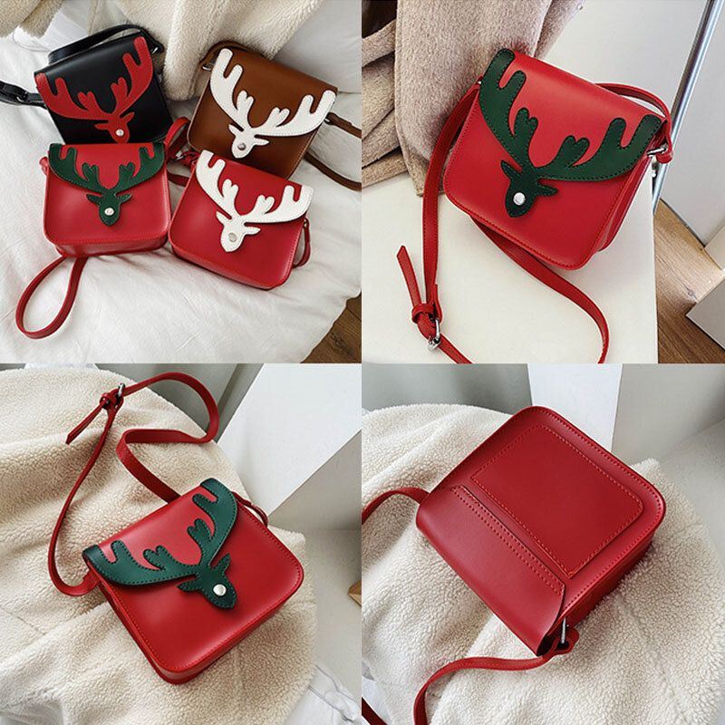 Dames Kunstleer Contrast Kleur Kerst Elanden Patroon Kleine Vierkante Tas Crossbody Tas Schoudertas