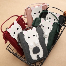 Dames Kunstleer Super Leuke Kat Kitty Patroon 6.3 Inch Telefoontas Kleine Opbergtas Crossbody Tas