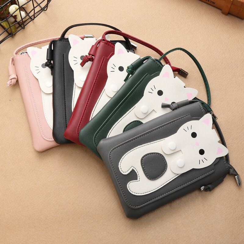 Dames Kunstleer Super Leuke Kat Kitty Patroon 6.3 Inch Telefoontas Kleine Opbergtas Crossbody Tas