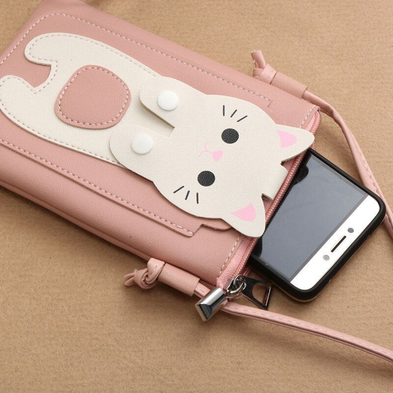 Dames Kunstleer Super Leuke Kat Kitty Patroon 6.3 Inch Telefoontas Kleine Opbergtas Crossbody Tas