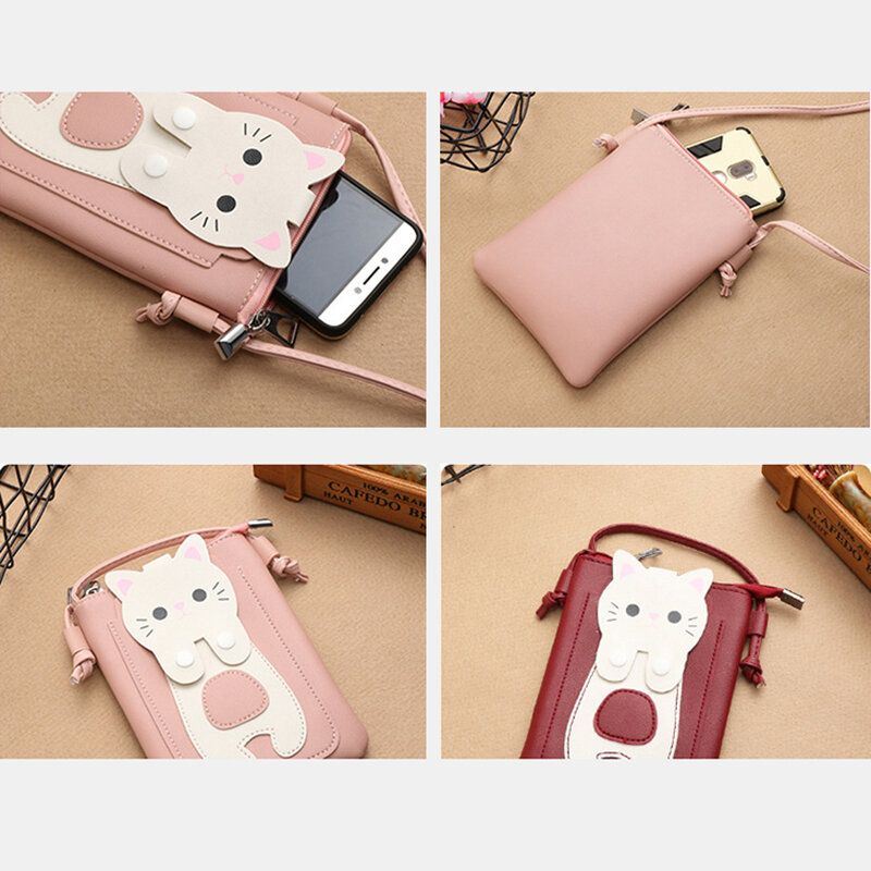 Dames Kunstleer Super Leuke Kat Kitty Patroon 6.3 Inch Telefoontas Kleine Opbergtas Crossbody Tas