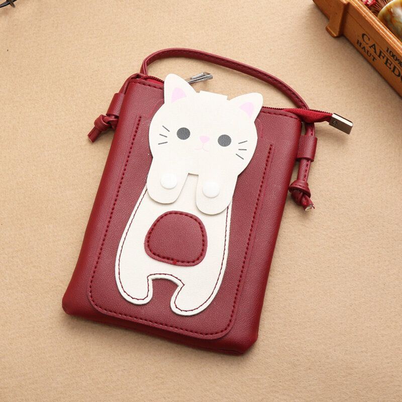 Dames Kunstleer Super Leuke Kat Kitty Patroon 6.3 Inch Telefoontas Kleine Opbergtas Crossbody Tas