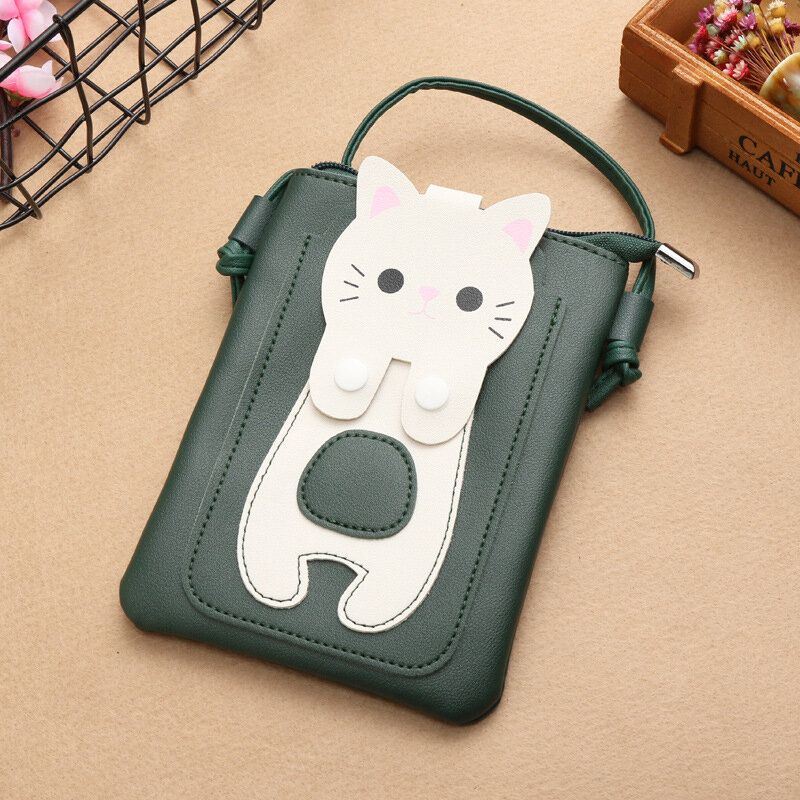 Dames Kunstleer Super Leuke Kat Kitty Patroon 6.3 Inch Telefoontas Kleine Opbergtas Crossbody Tas