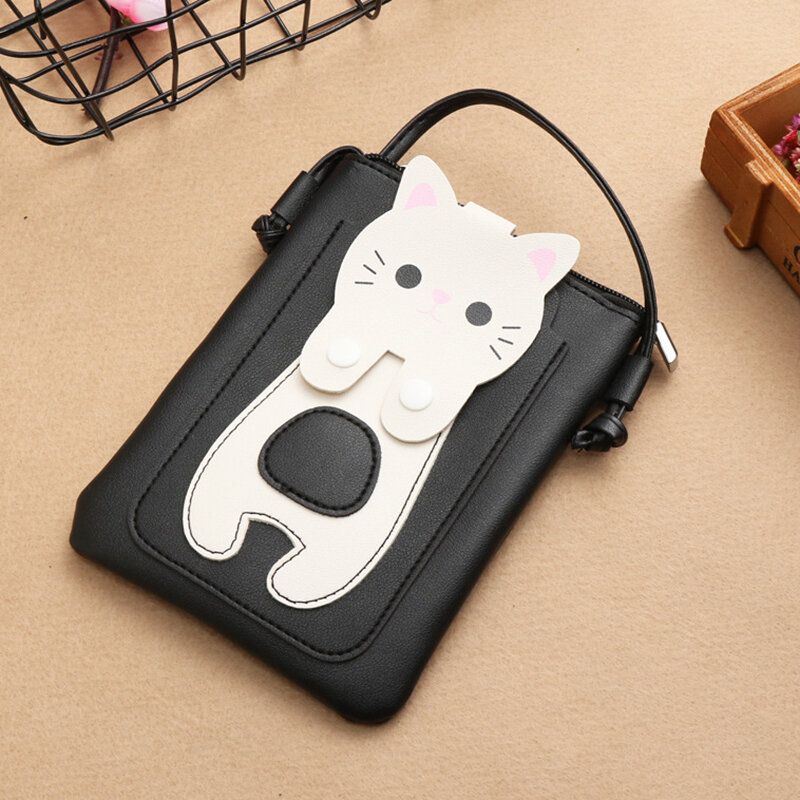 Dames Kunstleer Super Leuke Kat Kitty Patroon 6.3 Inch Telefoontas Kleine Opbergtas Crossbody Tas