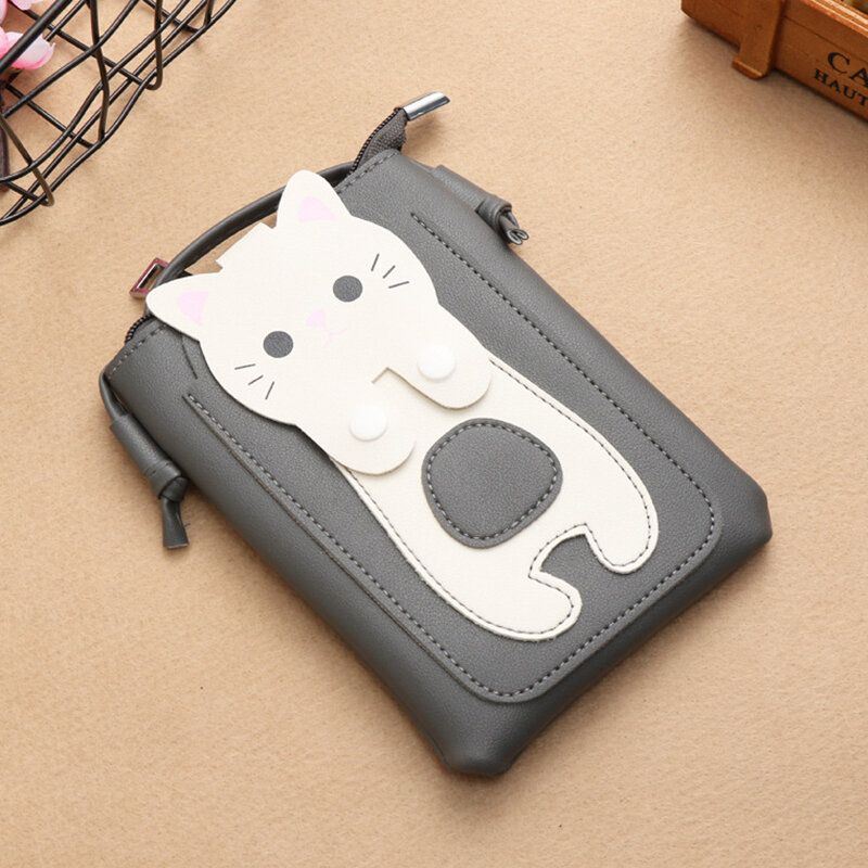 Dames Kunstleer Super Leuke Kat Kitty Patroon 6.3 Inch Telefoontas Kleine Opbergtas Crossbody Tas