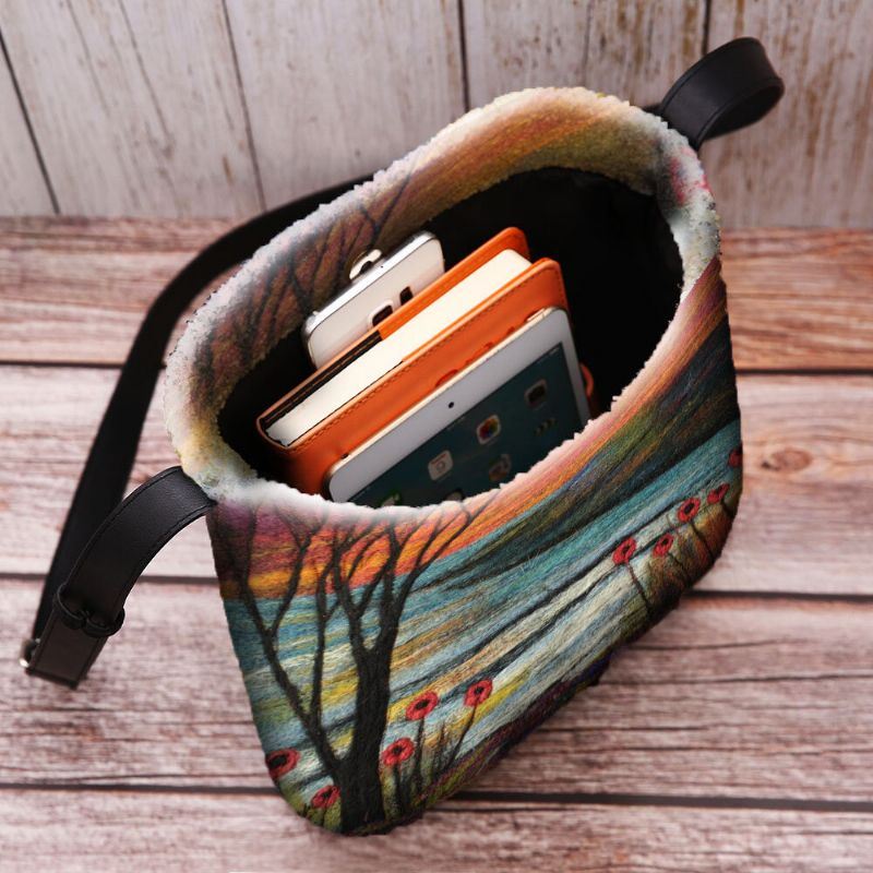 Dames Lamshaar Herfst Natuurlijke Scène Kleurrijke Diy Schoudertas Crossbody Tas