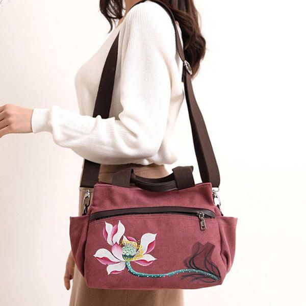 Dames Lotus Canvas Handtas Chinese Crossbody Tas