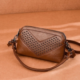 Dames Multi-pocket Front Klinknagel Versieren Crossbody Tas Grote Capaciteit Afneembare Schouderriem Schoudertas Handtas