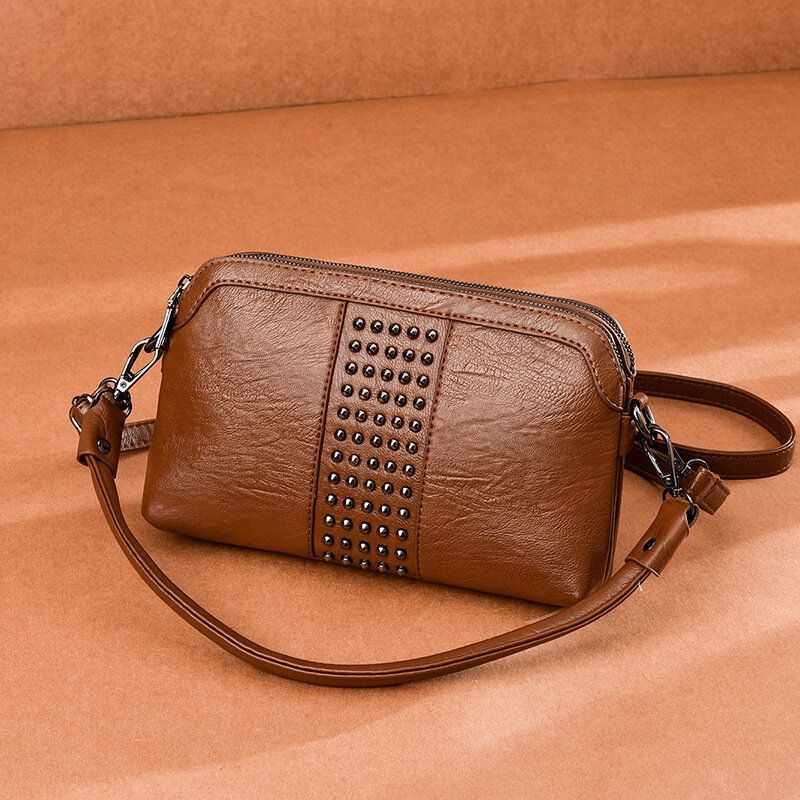 Dames Multi-pocket Front Klinknagel Versieren Crossbody Tas Grote Capaciteit Afneembare Schouderriem Schoudertas Handtas