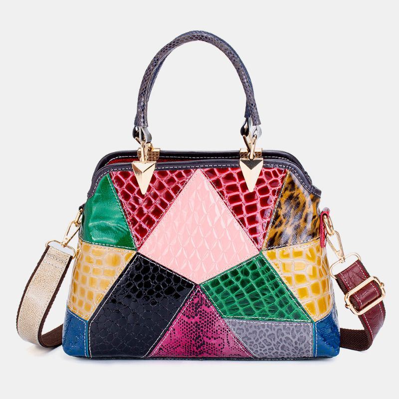 Dames Olie Wax Echt Leer Patchwork Handtas Crossbody Tas Schoudertas