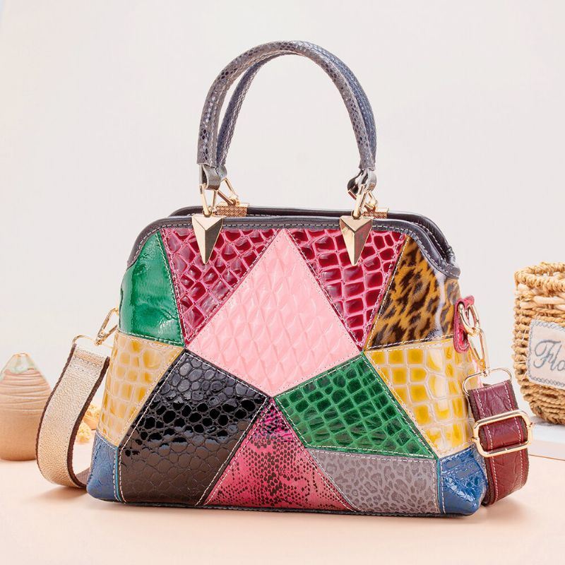 Dames Olie Wax Echt Leer Patchwork Handtas Crossbody Tas Schoudertas