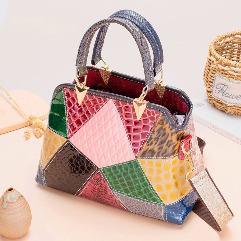 Dames Olie Wax Echt Leer Patchwork Handtas Crossbody Tas Schoudertas