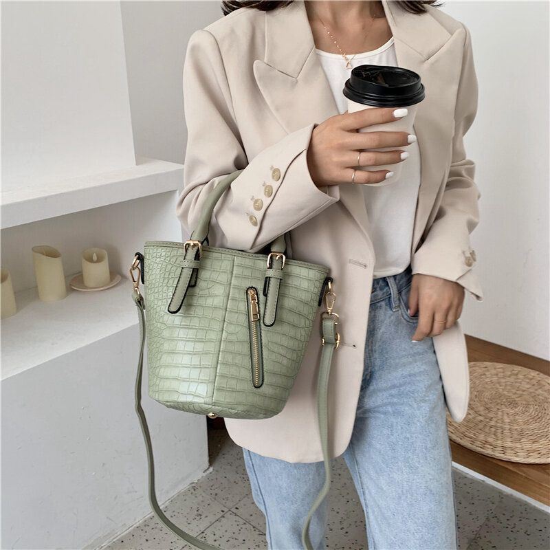 Dames Pu Lederen Alligator Patroon Stiksels Casual Mode Handtas Crossbody Tas