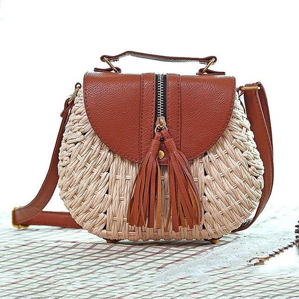 Dames Reis Stro Strandtassen Tassel Patchwork Crossbody Tas