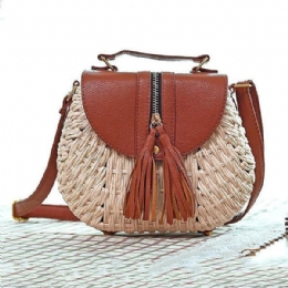 Dames Reis Stro Strandtassen Tassel Patchwork Crossbody Tas