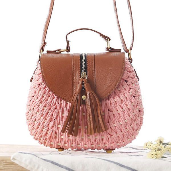 Dames Reis Stro Strandtassen Tassel Patchwork Crossbody Tas