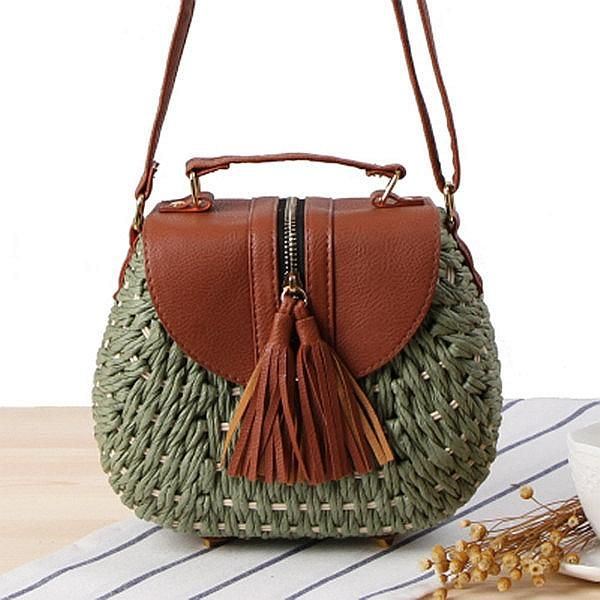 Dames Reis Stro Strandtassen Tassel Patchwork Crossbody Tas