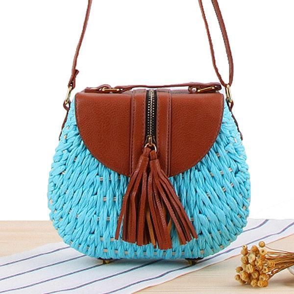 Dames Reis Stro Strandtassen Tassel Patchwork Crossbody Tas