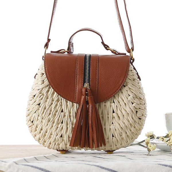 Dames Reis Stro Strandtassen Tassel Patchwork Crossbody Tas