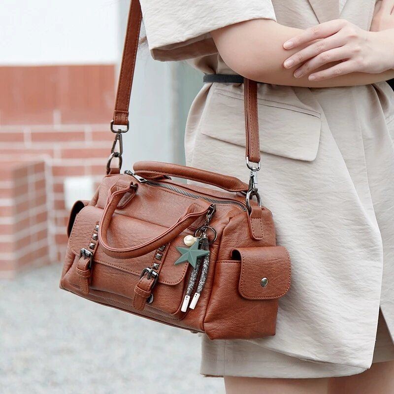 Dames Vijfpuntige Ster Hanger Grote Capaciteit Crossbody Tas Multi-pocket Zacht Lederen Schoudertas Handtas