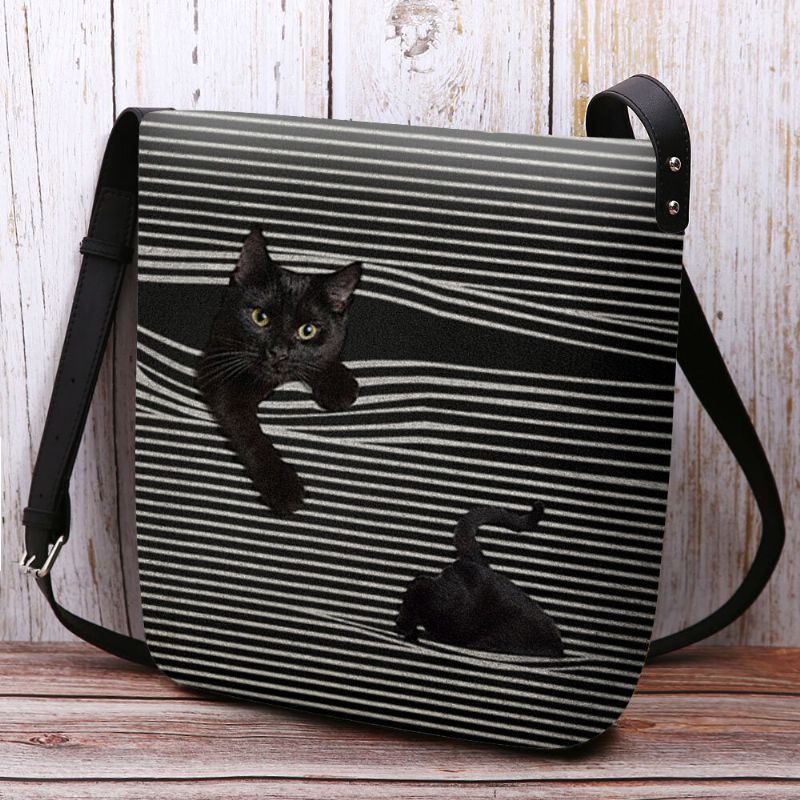 Dames Vilt Streeppatroon Driedimensionale Visie Kat Print Schoudertas Crossbody Tas